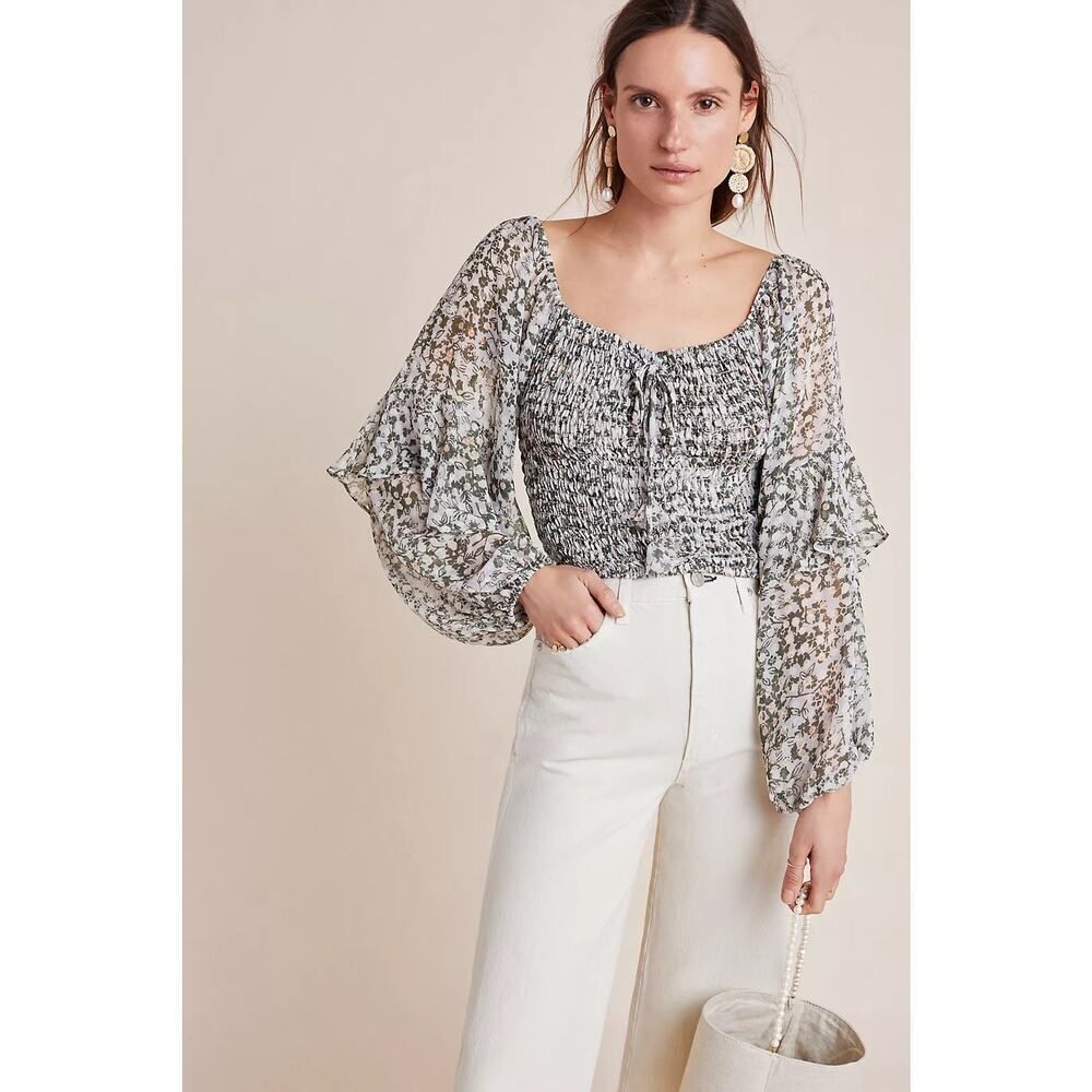 MISA Los Angeles Helaine Floral Top Women's XS Beige Green Long Tiered Sleeve